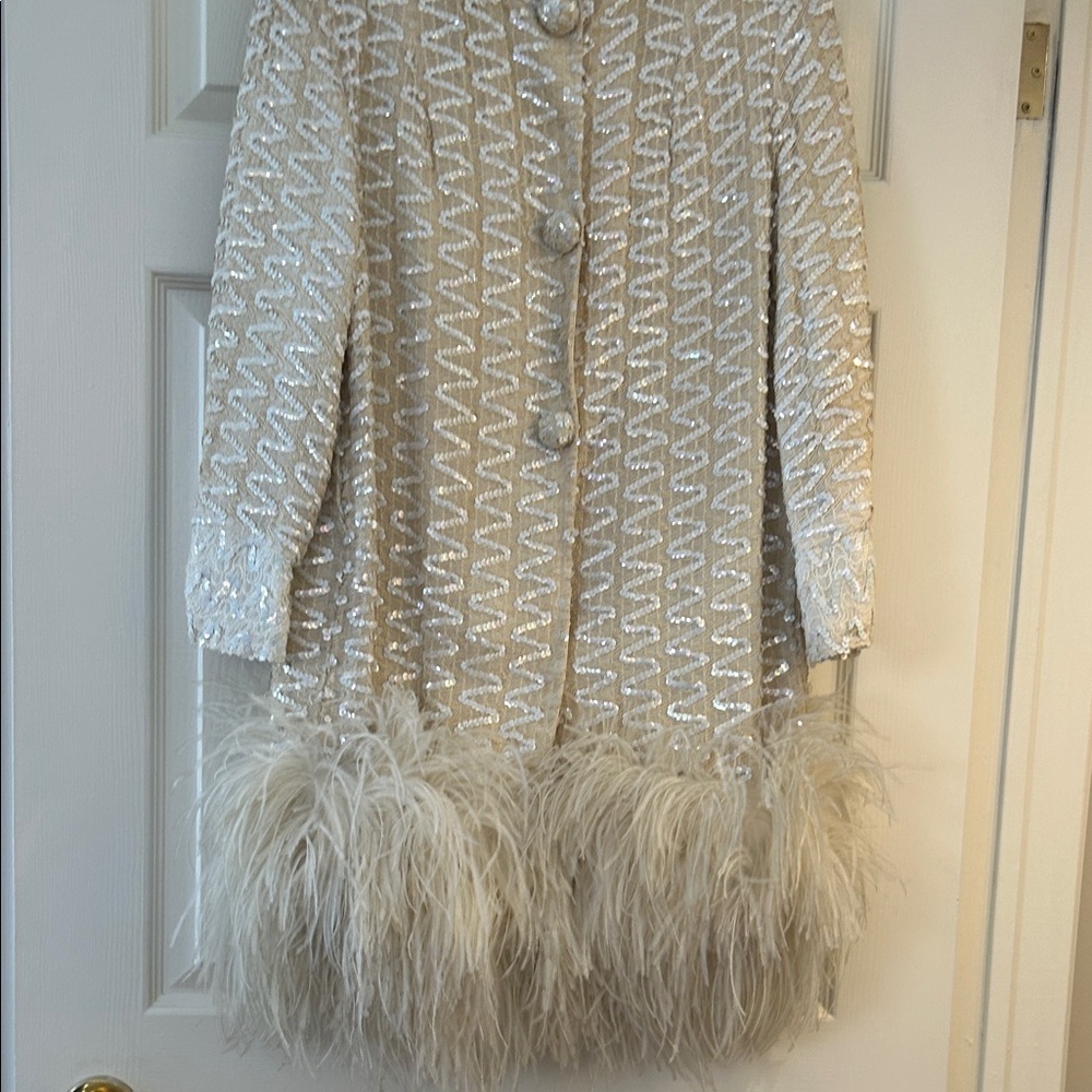 Creme Vintage Coat with feathers & sequins.